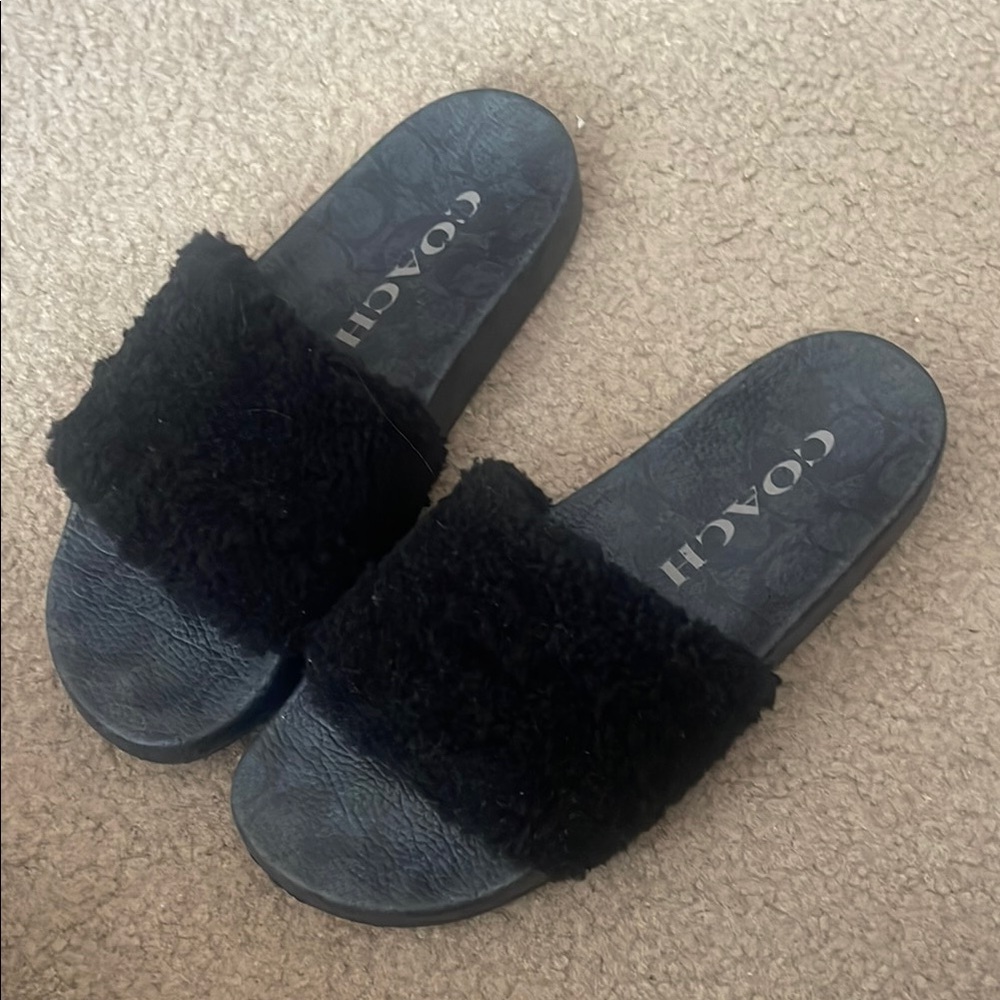Coach Black Fur Slide Sandals